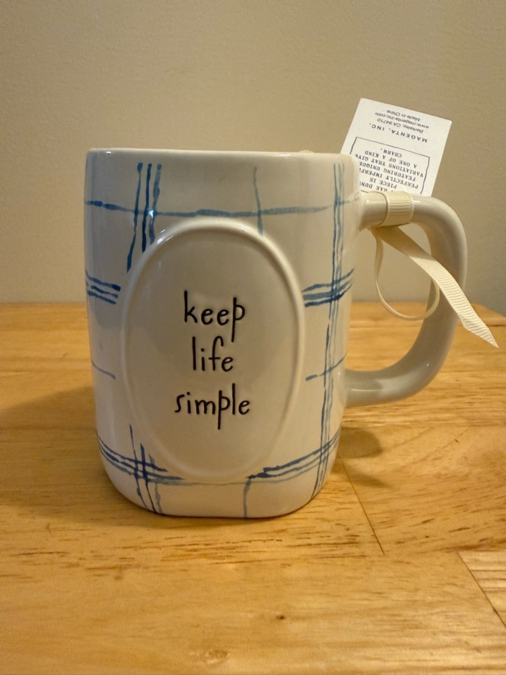 Rae Dunn Ceramic Mug with Blue Plaid and 'keep life simple' Text